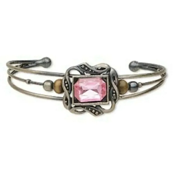 Antiqued Silver Steel Pink Faceted Glass Rhinestone Beaded Wire Cuff Bracelet - Picture 1 of 1